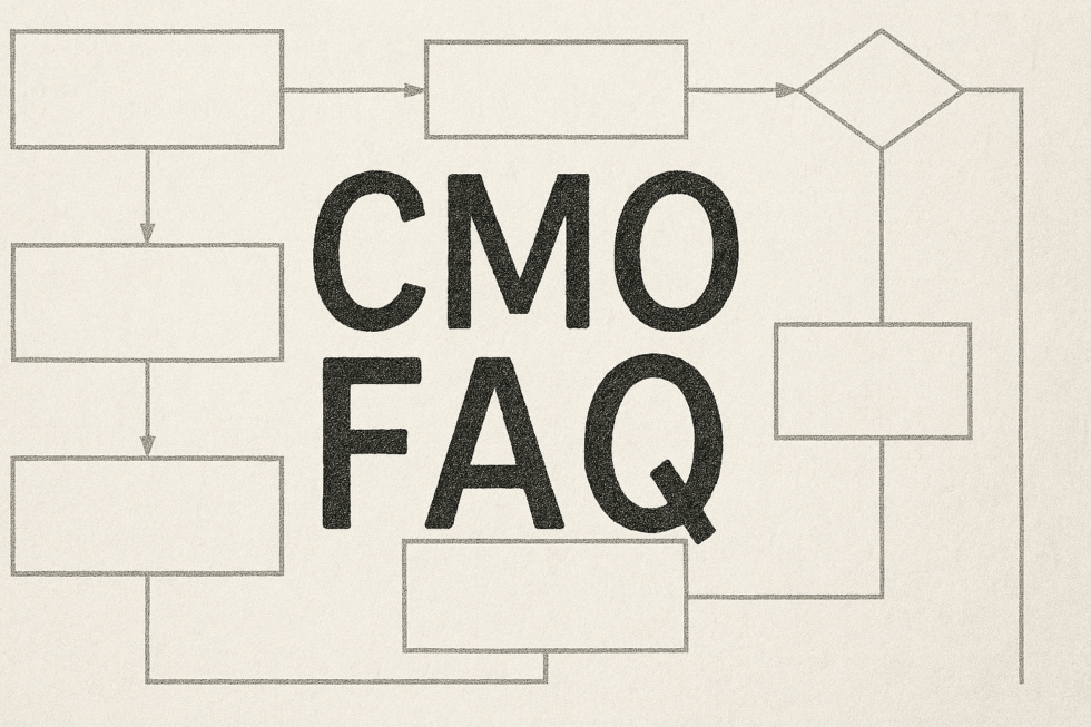 Image of the words CMO FAQ with a workflow behind it.