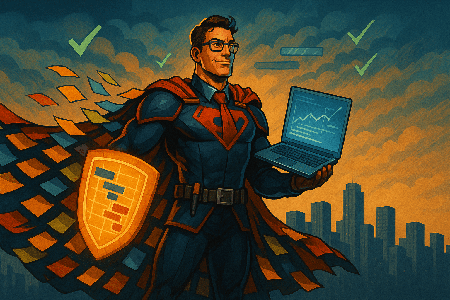 Project manager framed as a superhero with a post-it note cape and a gantt chart shield