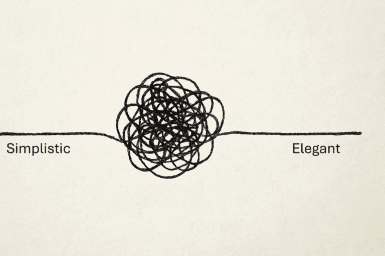A line going into a tangle and coming out on the other side. Indicates how a simplistic start goes into complexity, and comes out as elegance.